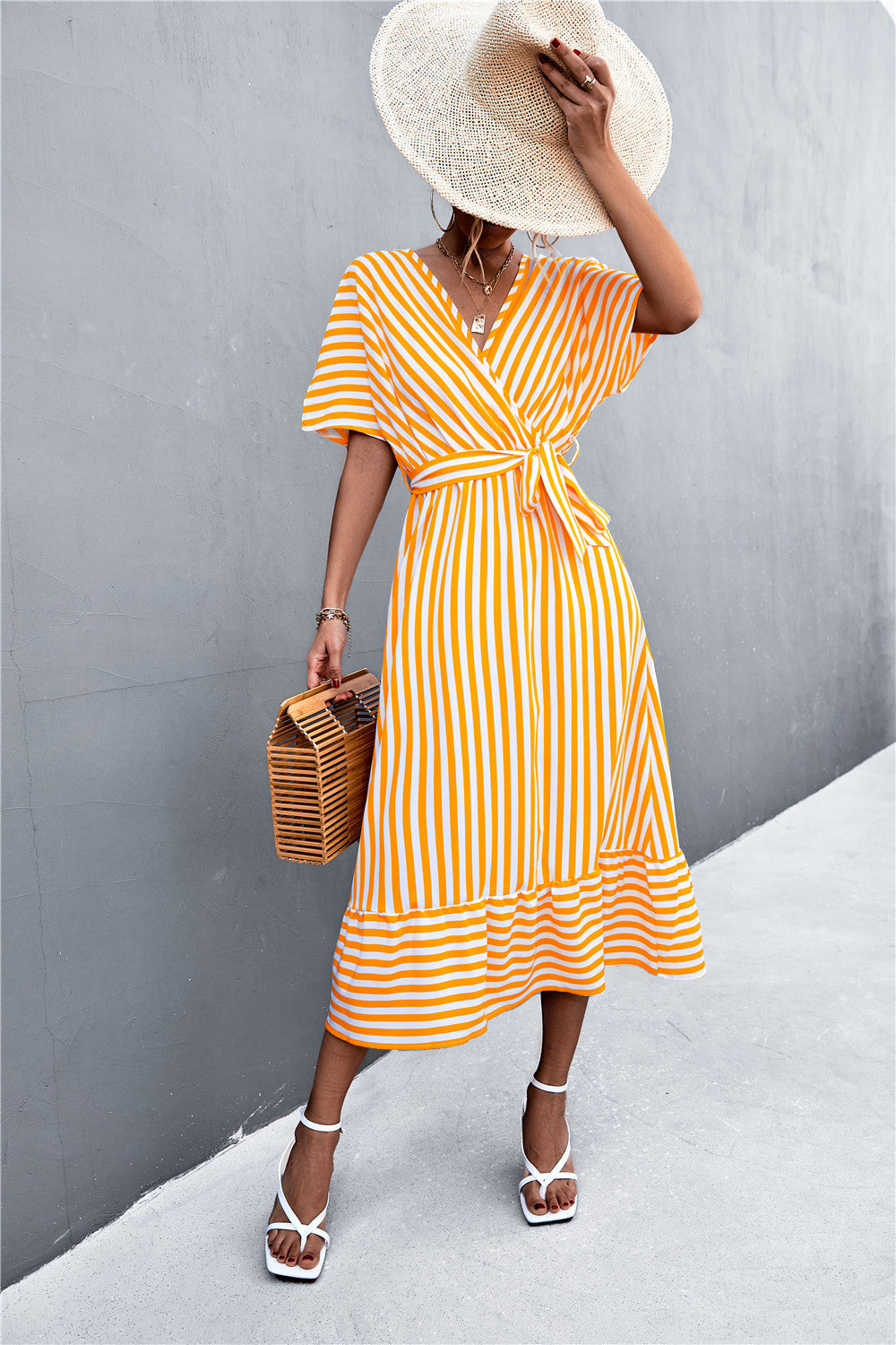 Damen Wickel-Kleid mit Streifenmuster und praktischen Bindegürtel R&B