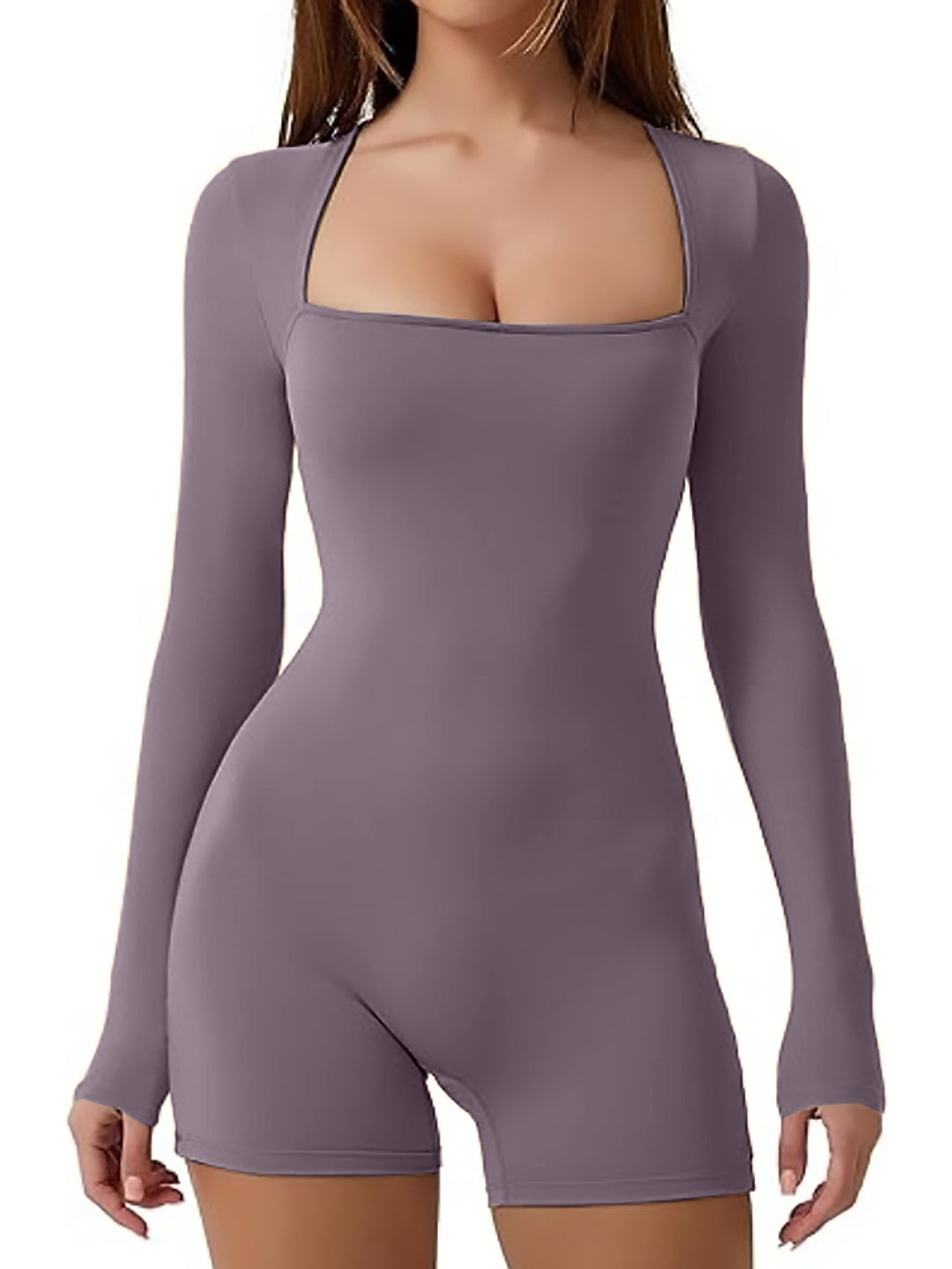 Damen Figurbetontes Langarm-Body mit quadratischem Ausschnitt R&B