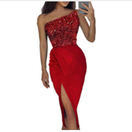 Damen Glamouröses Abendkleid mit asymmetrischem Ausschnitt und schimmerndem Oberteil R&B