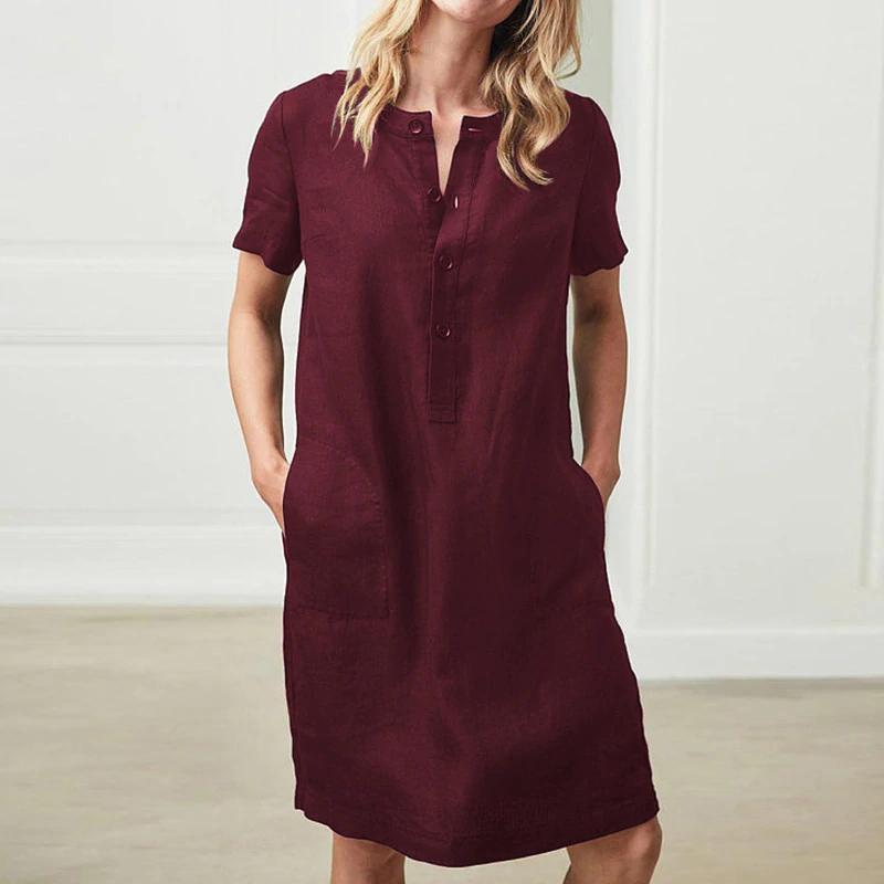 Damen lässiges Leinenkleid mit Knopfleiste und praktischen Taschen R&B