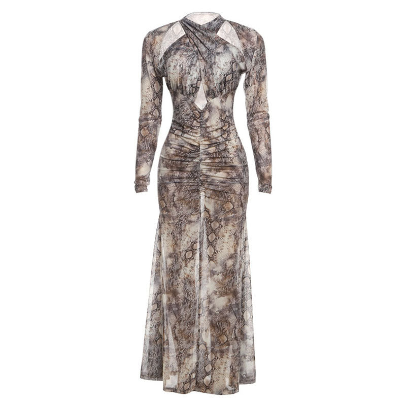 Damen Schlangehaut Maxikleid mit raffiniertem Schnitt und Deep-V-Ausschnitt R&B