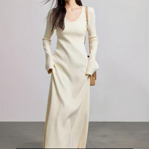Damen elegantes Maxikleid mit feiner Rippstruktur und V-Ausschnitt R&B