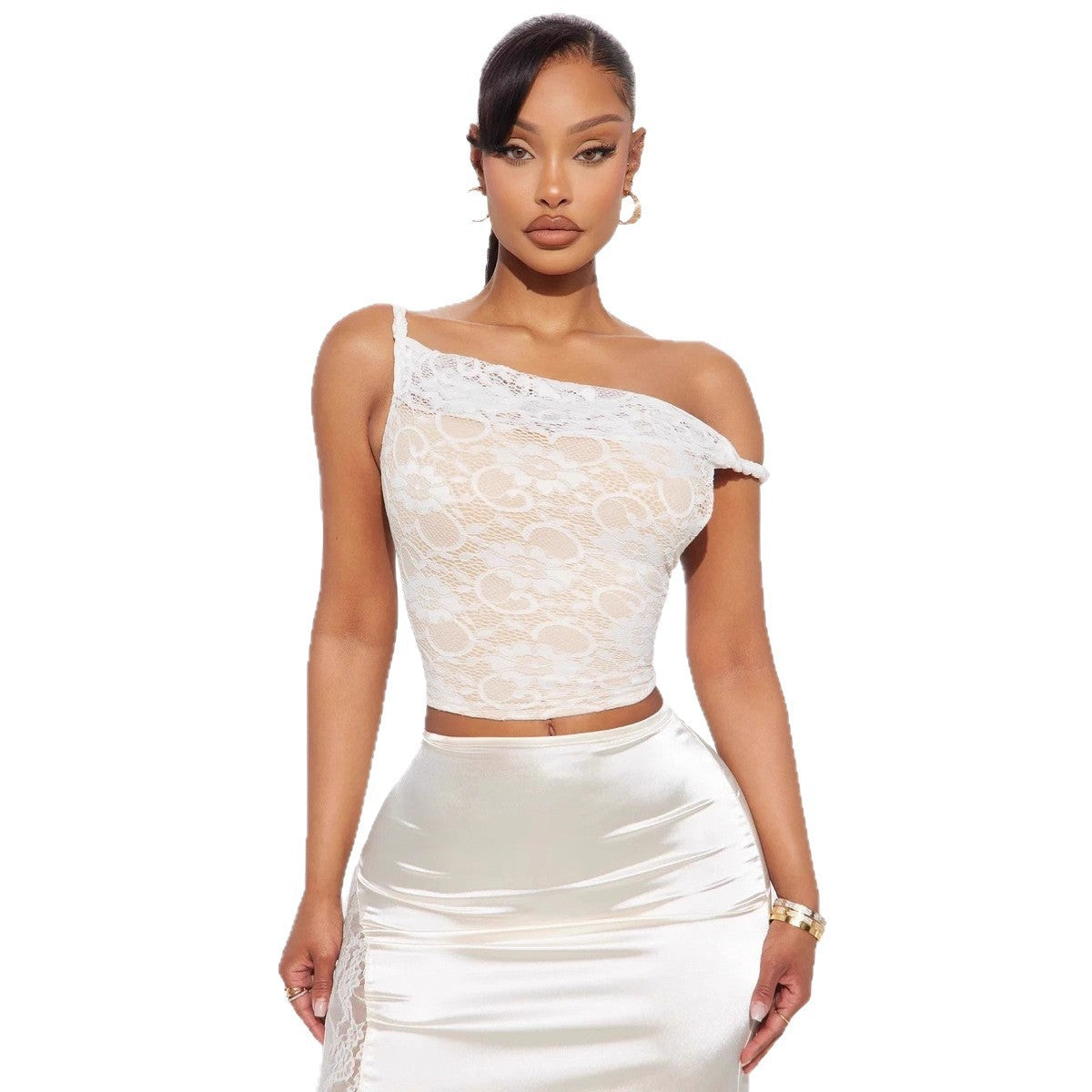 Damen Spitzenoberteil mit asymmetrischem Ausschnitt und romantischen Details R&B