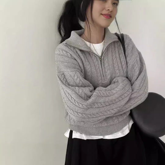 Damen kuscheliger Strickpullover mit hochschließendem Kragen und Zipper R&B