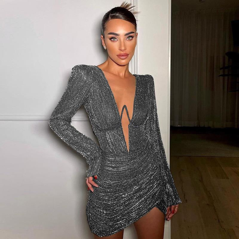 Damen Glamouröses Abendkleid mit Glitzereffekt und tiefem V-Ausschnitt R&B