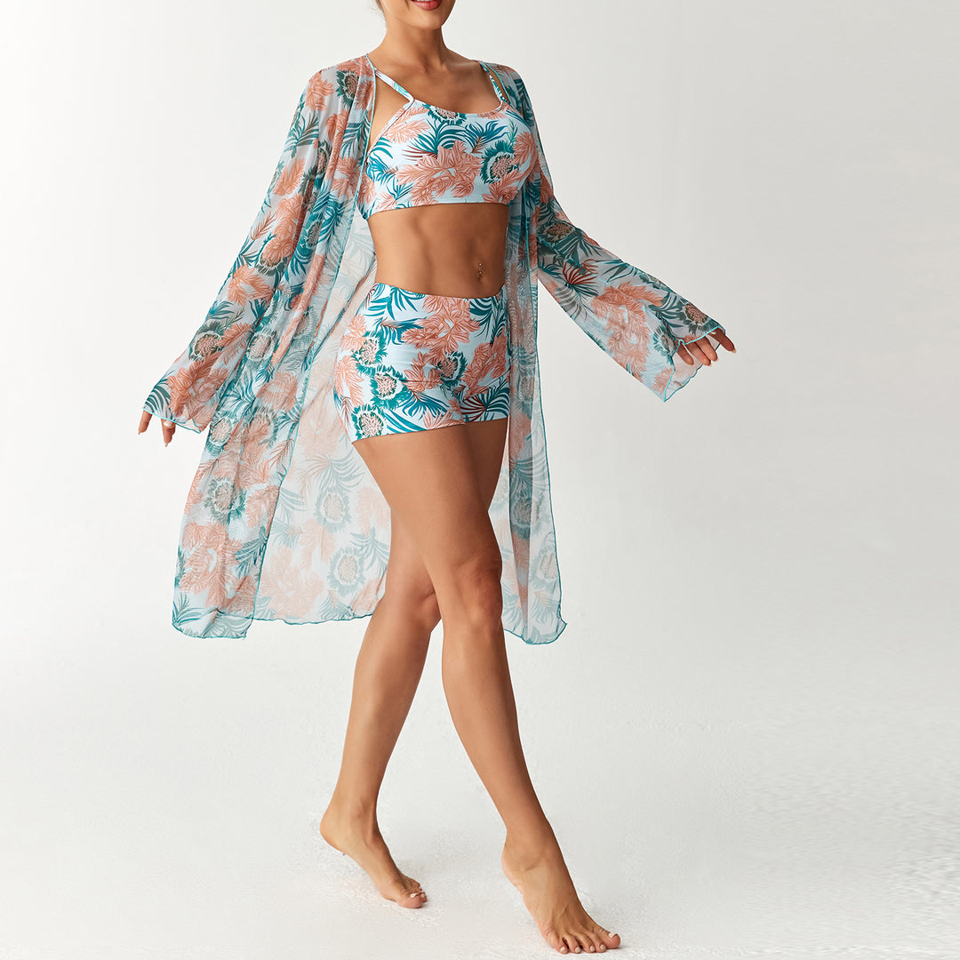 Damen Strandoutfit mit floralem Design und transparentem Kaftan R&B