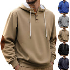 Herren nan Kapuzenpullover im puristischen Freizeitstil mit Henley-Knopfleiste, kontrastierter Kapuzeninnenseite und Ellenbogenaufnähern R&B
