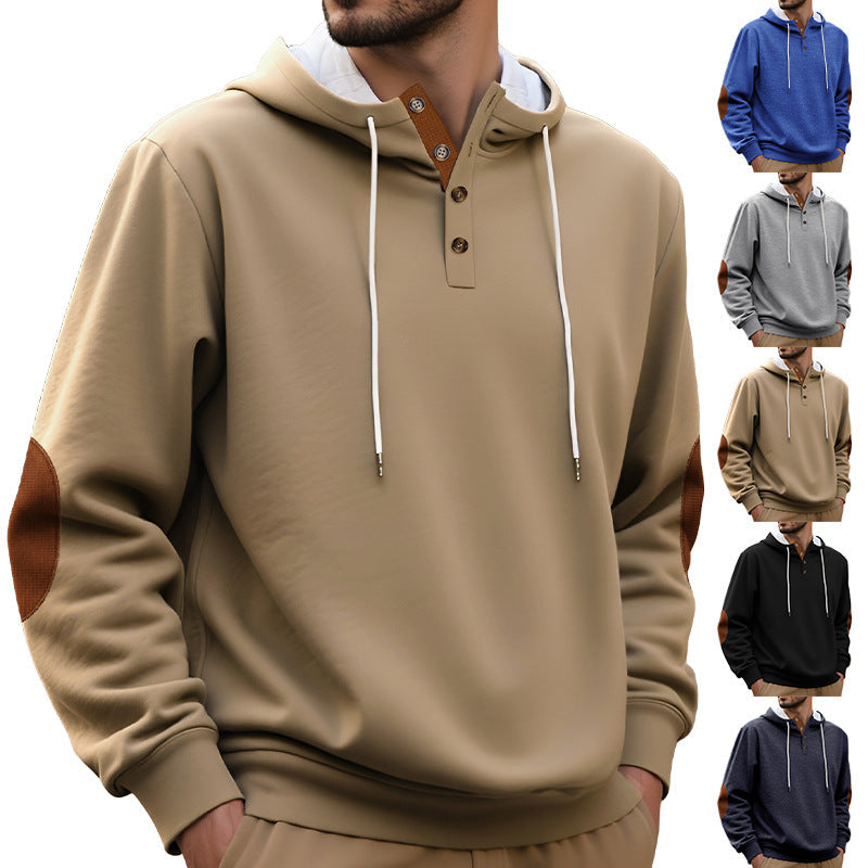 Herren nan Kapuzenpullover im puristischen Freizeitstil mit Henley-Knopfleiste, kontrastierter Kapuzeninnenseite und Ellenbogenaufnähern R&B
