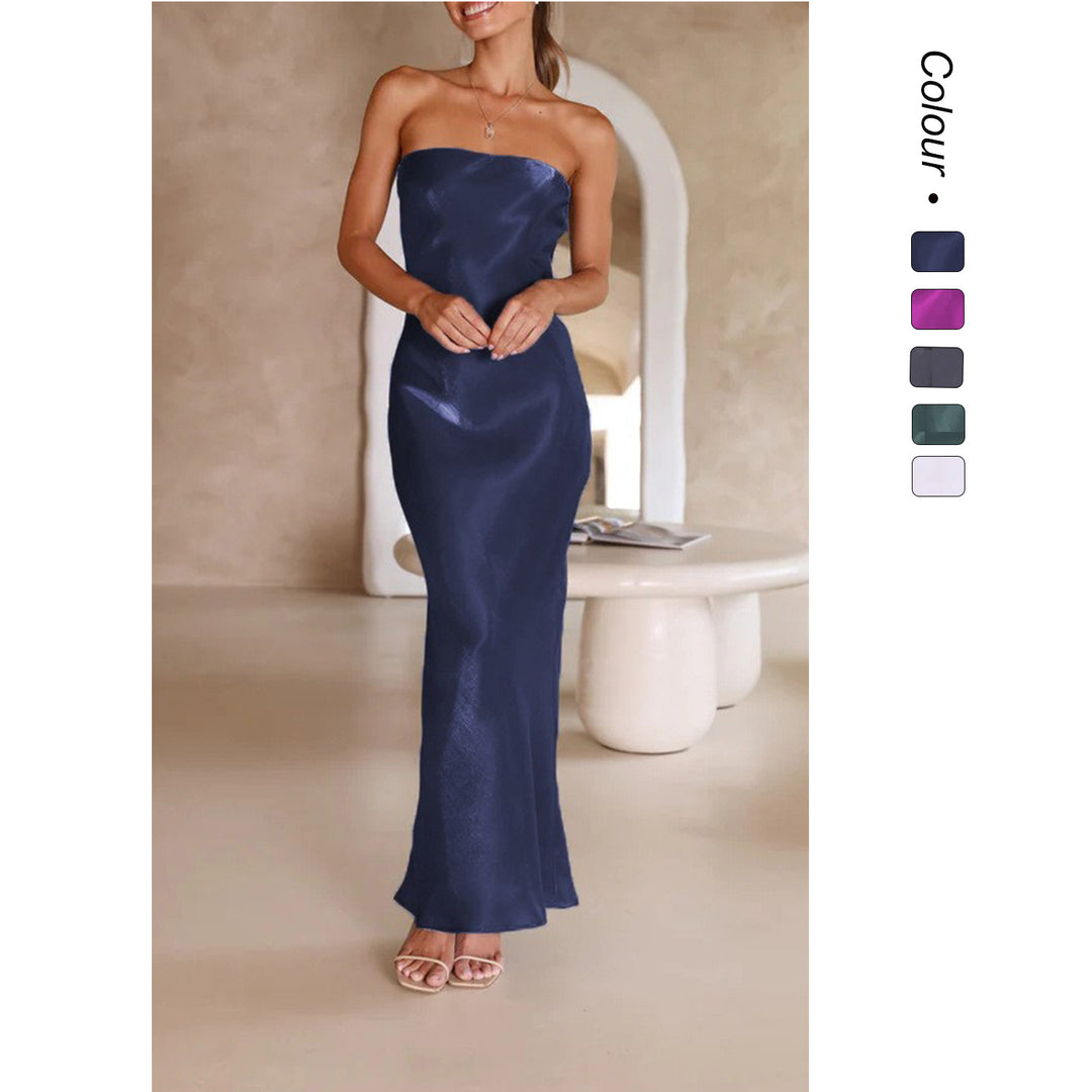 Damen Elegantes Bandeau-Maxikleid mit fließendem Satin und körpernaher Silhouette R&B
