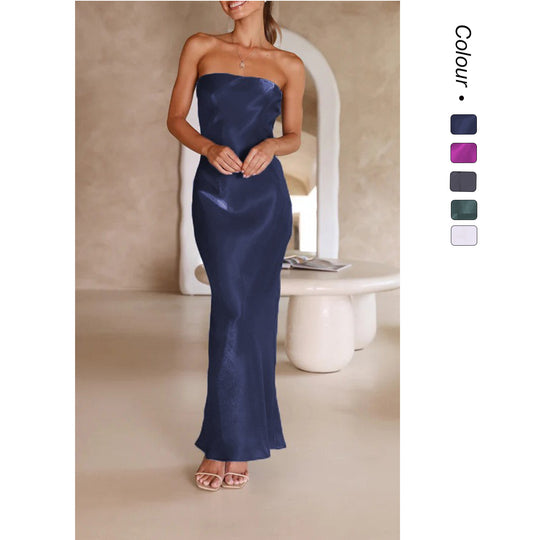 Damen Elegantes Bandeau-Maxikleid mit fließendem Satin und körpernaher Silhouette R&B