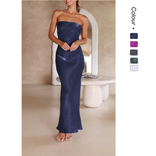 Damen Elegantes Bandeau-Maxikleid mit fließendem Satin und körpernaher Silhouette R&B