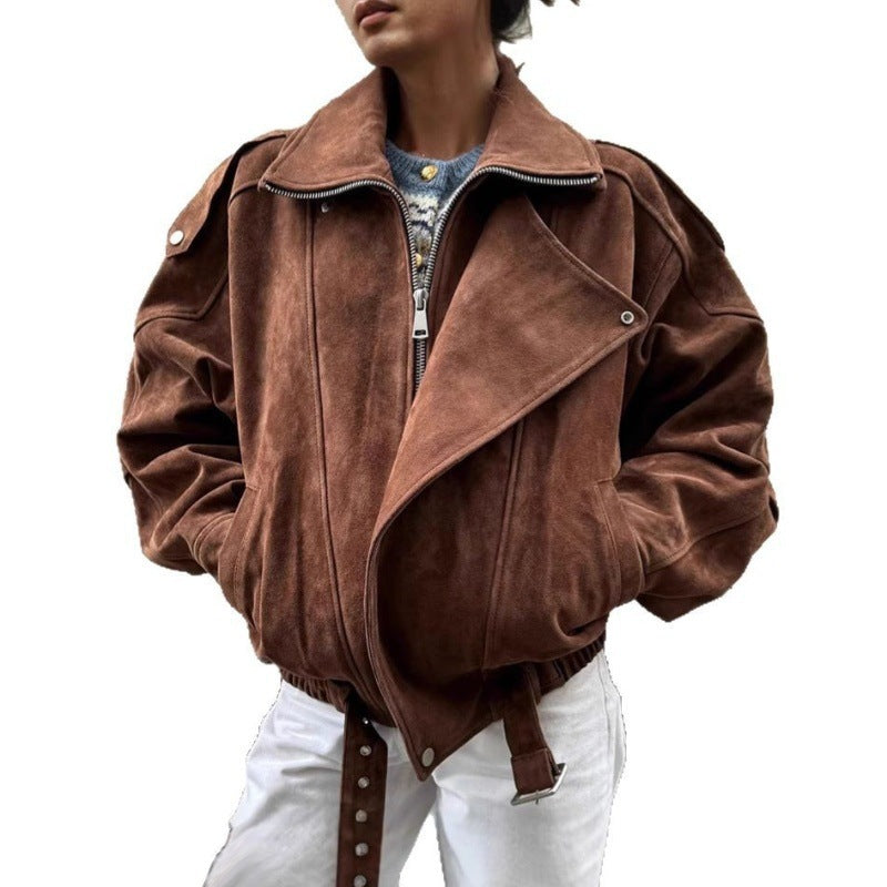 Damen lässige Wildlederjacke im Oversized-Stil mit Taillengürtel R&B