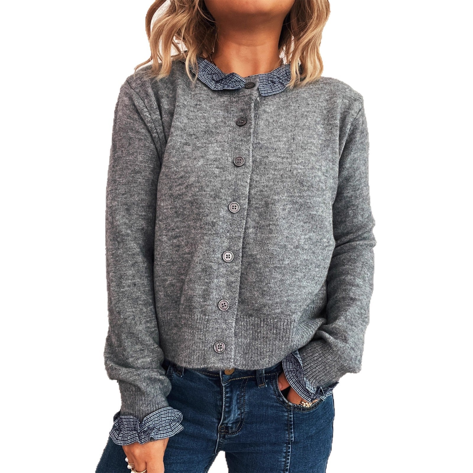 Damen Strickjacke mit abnehmbaren Kragen und Knopfdetails R&B