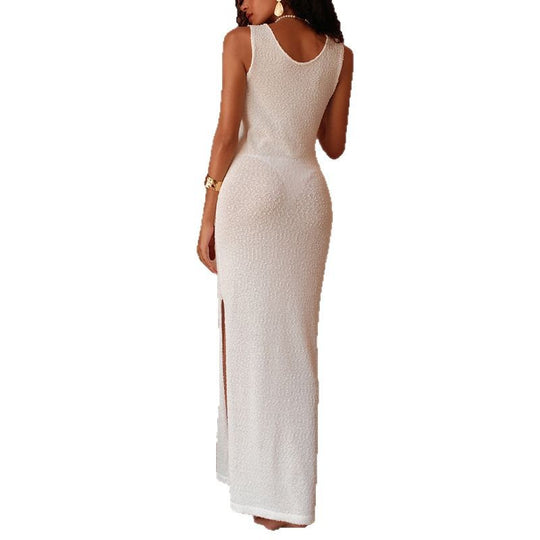 Damen figurbetontes Langkleid mit Off-Shoulder-Ausschnitt und hohem Schlitz R&B