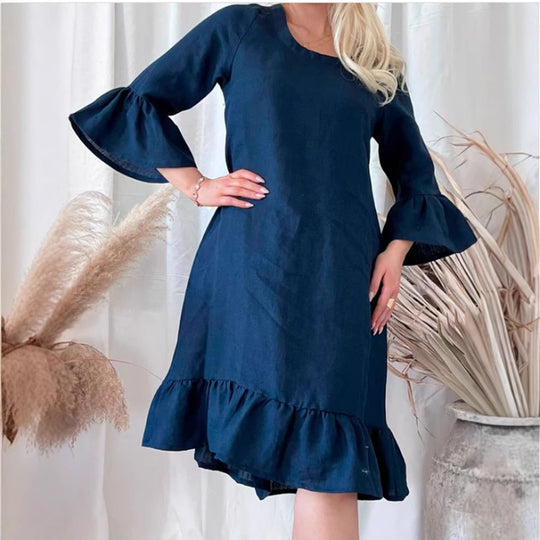 Damen Leichtes Leinenkleid mit Rüschendetails und weitem Schnitt R&B