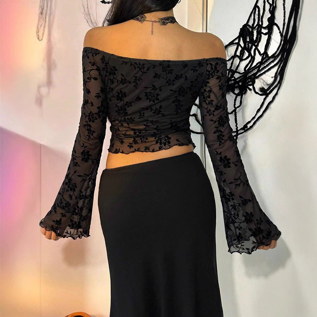 Damen Elegantes Off-Shoulder Oberteil mit floralem Spitzenmuster und ausgestellten Ärmeln R&B