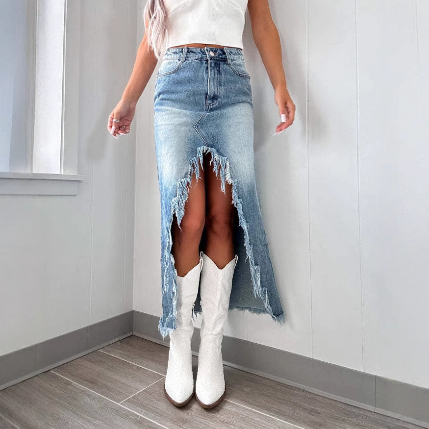 Damen Jeansrock mit asymmetrischem Schlitz und Fransensaum R&B
