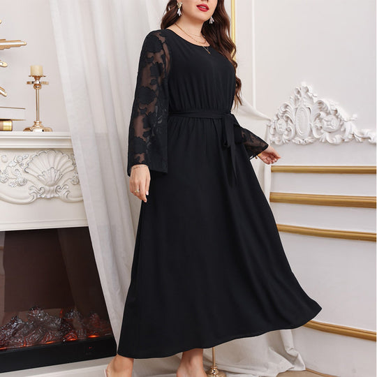 Damen Maxikleid mit transparenten Ärmel und eleganter Taillenbindung R&B