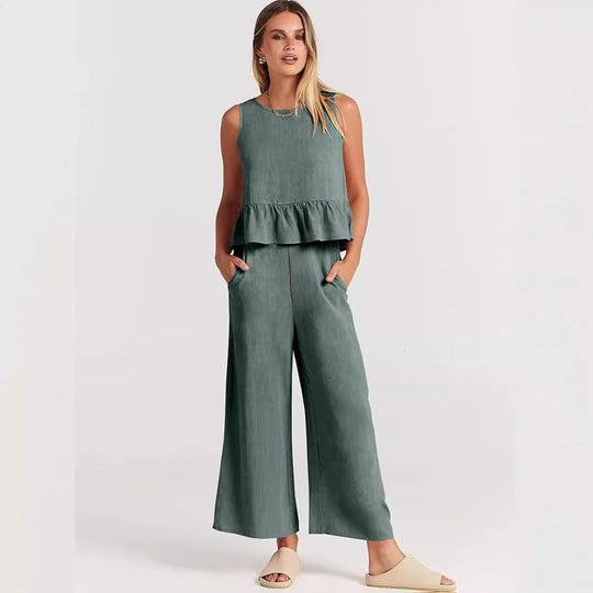 Damen Zweiteiler-Set mit schickem Peplum-Oberteil und weit geschnittenen Hosen R&B