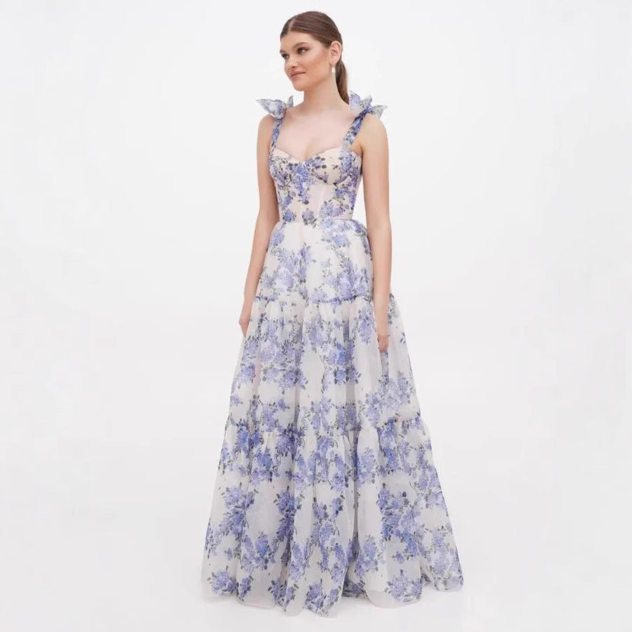 Damen Elegantes Maxikleid mit floralen Details und Rüschenträgern R&B