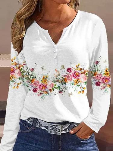 Damen Langarmshirt mit floralem Design und Knopfleiste R&B