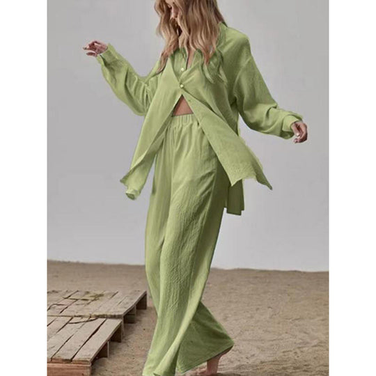 Damen Satin Pyjama Set mit langärmliger Bluse und weiten Hosen R&B