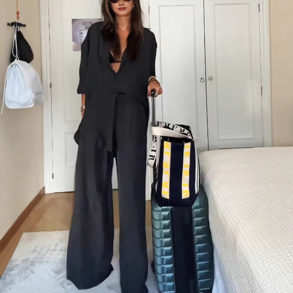 Damen Leinenweite Hose mit tailliertem Oberteil und KNopfdetails R&B
