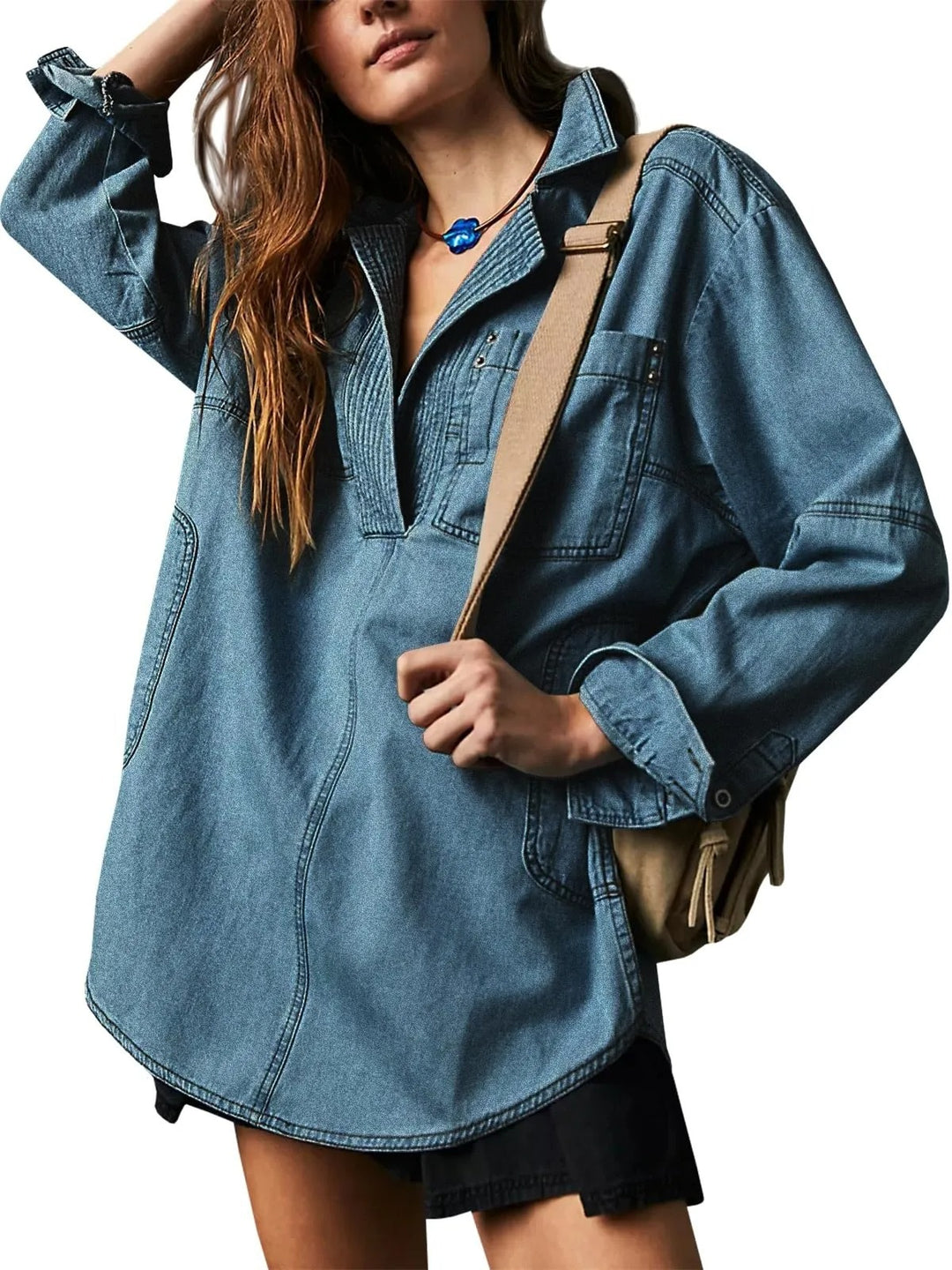 Damen Denim-Shirt mit detailreicher Steppung und lässigem Schnitt R&B
