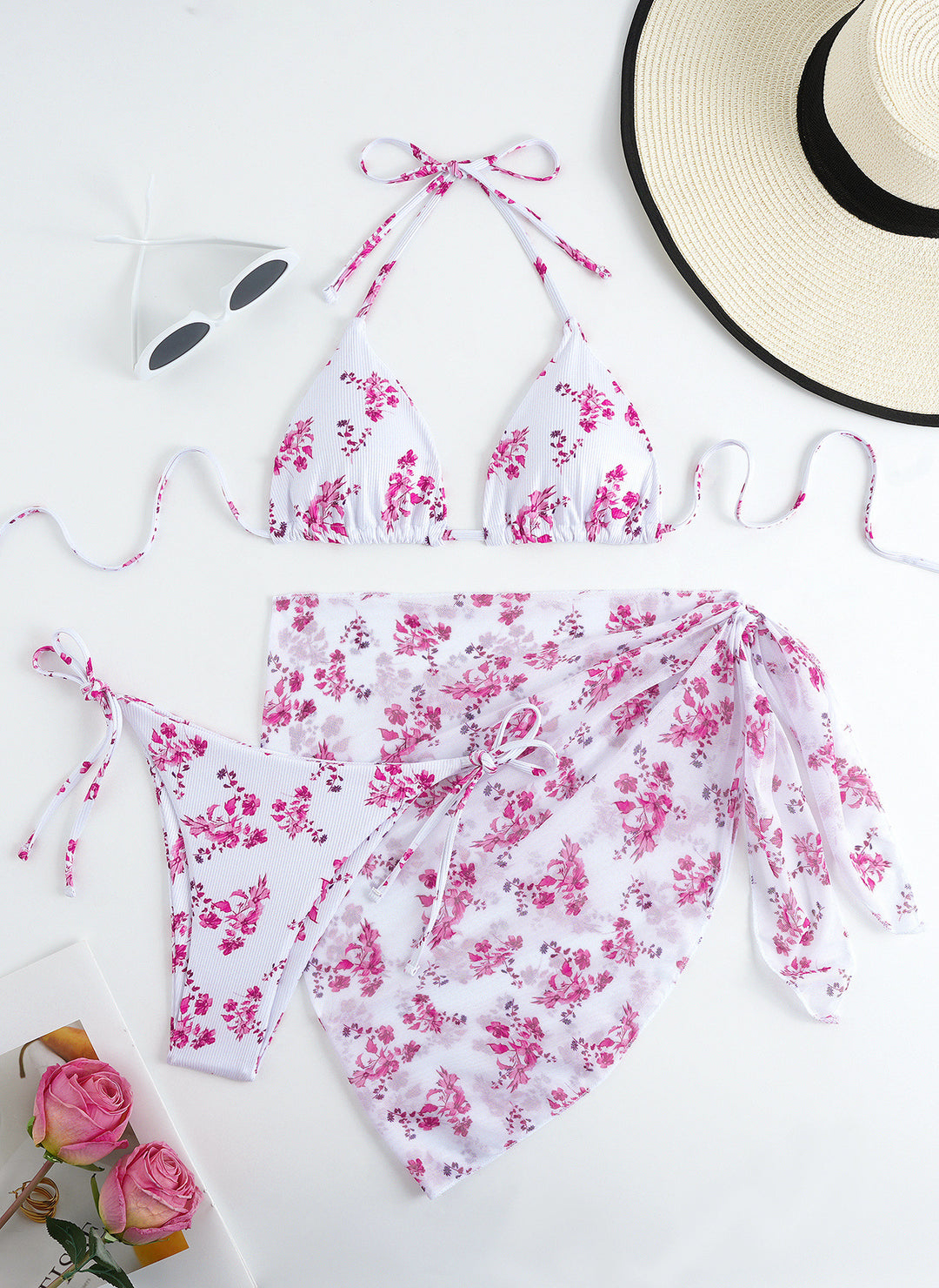Damen Triangel-Bikini mit floralem Muster und zartem Cover-Up R&B