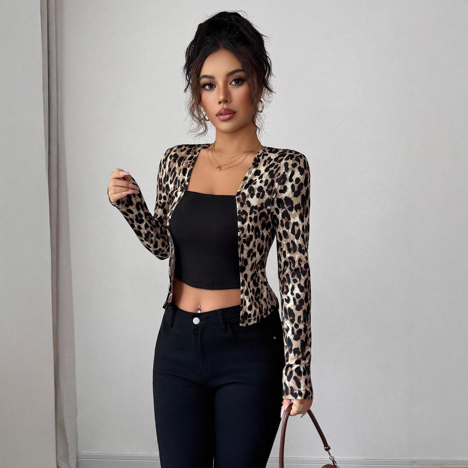 Damen nan taillierter Kurzblazer aus Stretchjersey mit Leopardenstruktur und schmaler Passform R&B