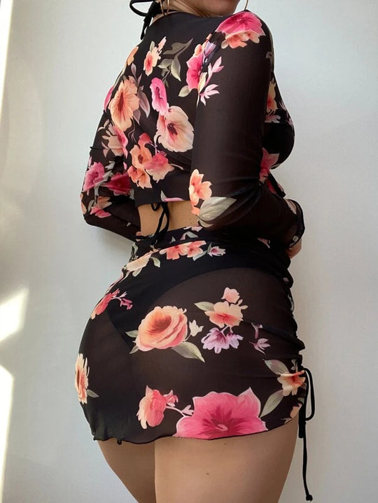 Damen Crop-Top mit floralem Design und tailliertem Rock R&B