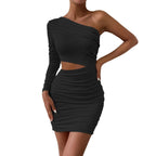 Damen Bodycon Kleid mit asymmetrischem Ausschnitt und Raffungen R&B