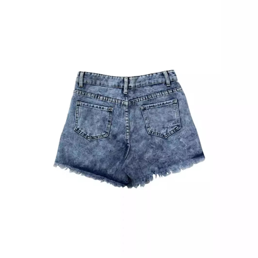 Damen Denim-Shorts mit trendigen Stickdetails und Fransensaum R&B