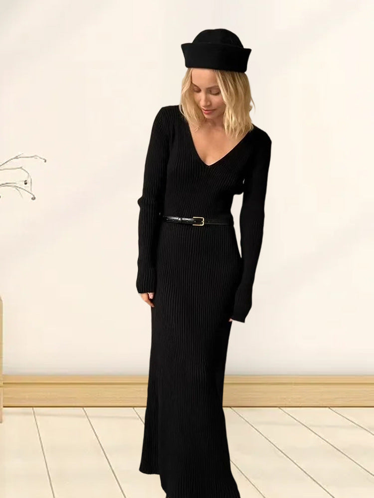 Damen Langarm-Strickkleid mit tiefem V-Ausschnitt und figurbetonter Silhouette R&B