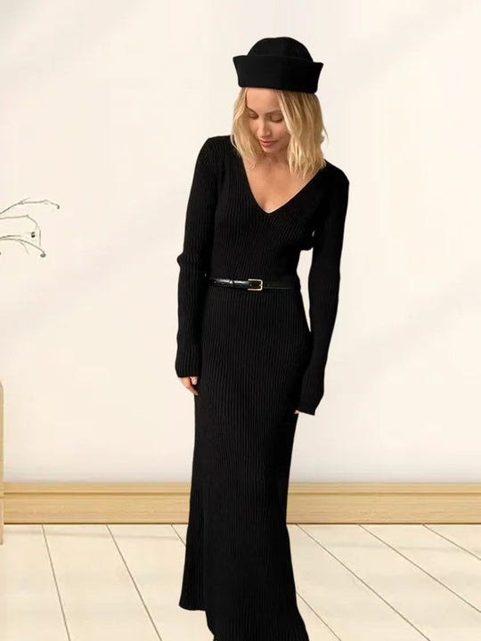 Damen Langarm-Strickkleid mit tiefem V-Ausschnitt und figurbetonter Silhouette R&B