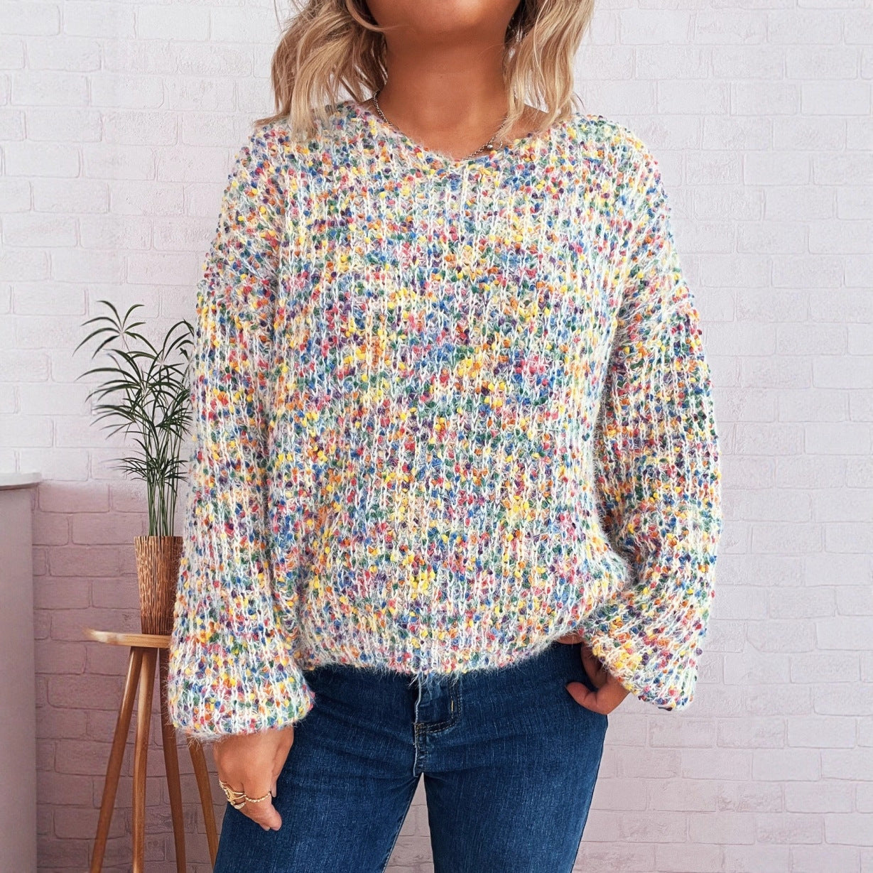 Damen komfortabler Strickpullover mit buntem Strukturmuster und weit geschnittenen Ärmeln R&B