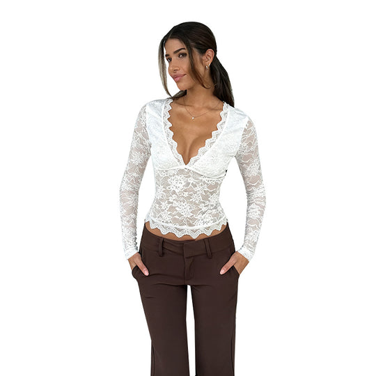 Damen Spitze Langarmshirt mit V-Ausschnitt und Rüschen R&B