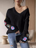 Damen Strickpullover mit verspielten Häkelakzenten und weitem Schnitt R&B