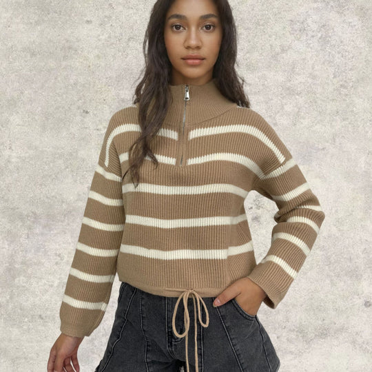 Damen Strickpullover mit Stehkragen und Kordelzug R&B