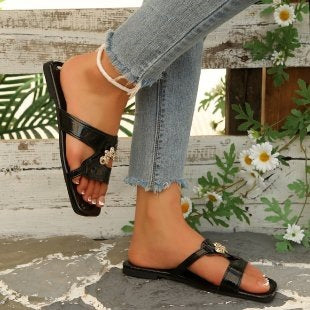Damen elegante Zehentrenner-Sandaletten mit floralem Dekorelement R&B