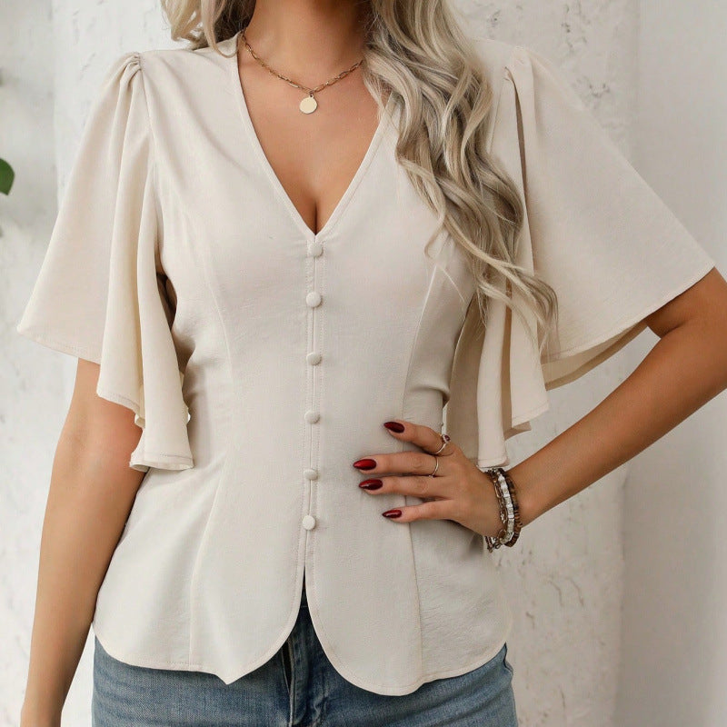 Damen Bluse mit fließenden Ärmeln und V-Ausschnitt R&B