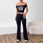 Damen Off-Shoulder Crop-Top und weite Hose Set R&B