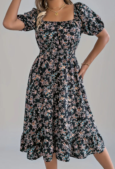 Damen sommerliches Blumenkleid mit Puffärmeln und Rüschensaum R&B