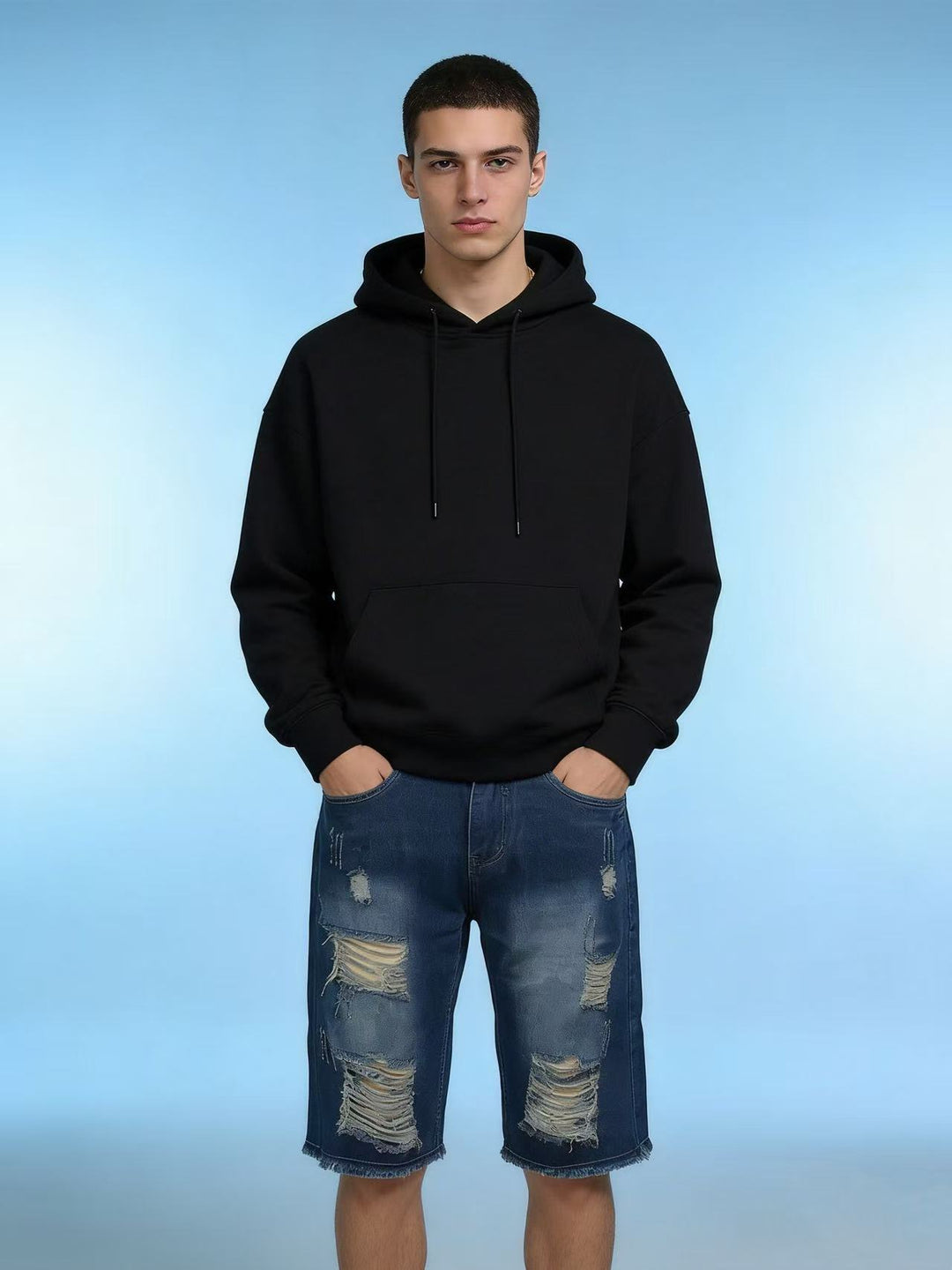 Herren lässige destroyed Jeansshorts mit fransigen Abschlüssen und weitem Bein R&B