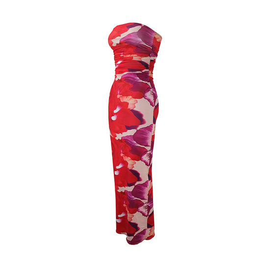 Damen elegantes, trägerloses Maxikleid mit raffiniertem Mustermix R&B