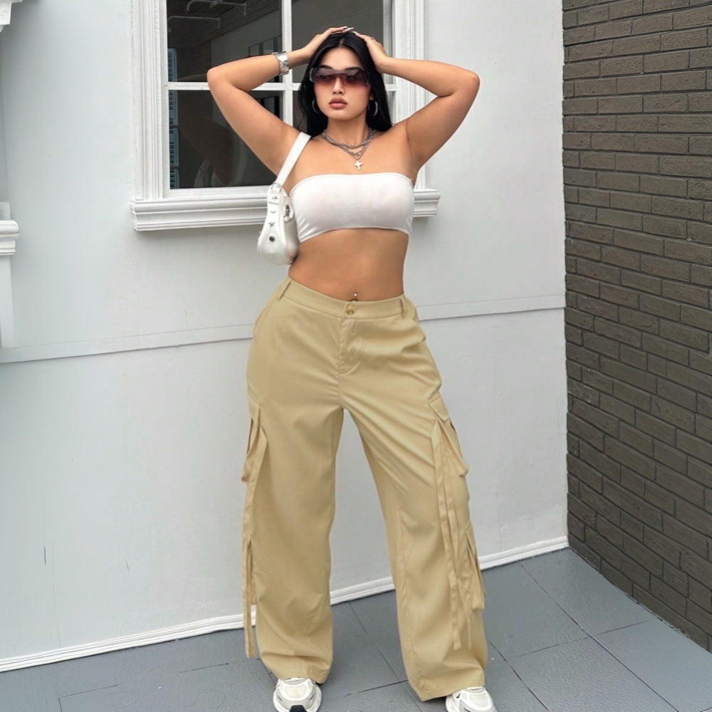 Damen weite Cargo-Hose mit funktionalen Taschen und elastischem Bund R&B