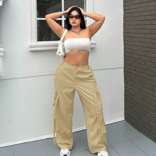 Damen weite Cargo-Hose mit funktionalen Taschen und elastischem Bund R&B