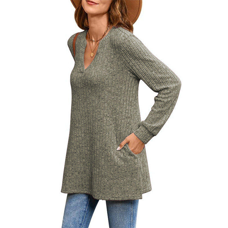 Damen Strickpullover mit V-Ausschnitt und praktischen Taschen R&B