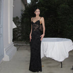 Damen Elegantes Spitzen-Maxi-Kleid mit Spaghetti-Trägern und transparenter Optik R&B