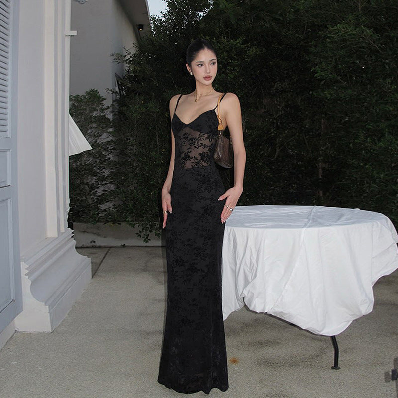 Damen Elegantes Spitzen-Maxi-Kleid mit Spaghetti-Trägern und transparenter Optik R&B